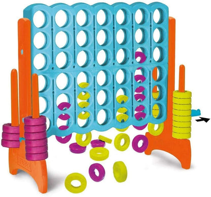 Mega 4 game frame in blue with orange legs and colorful discs