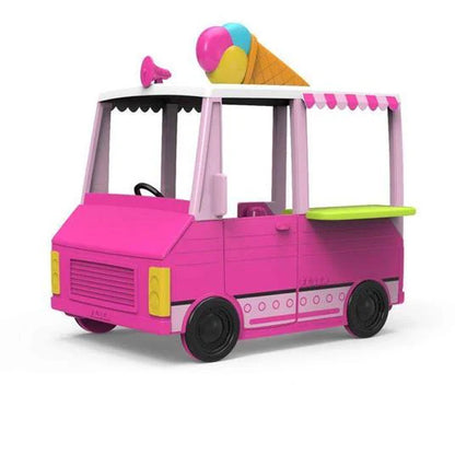 Pink toy food truck playhouse with ice-cream sign on roof and green serving counter