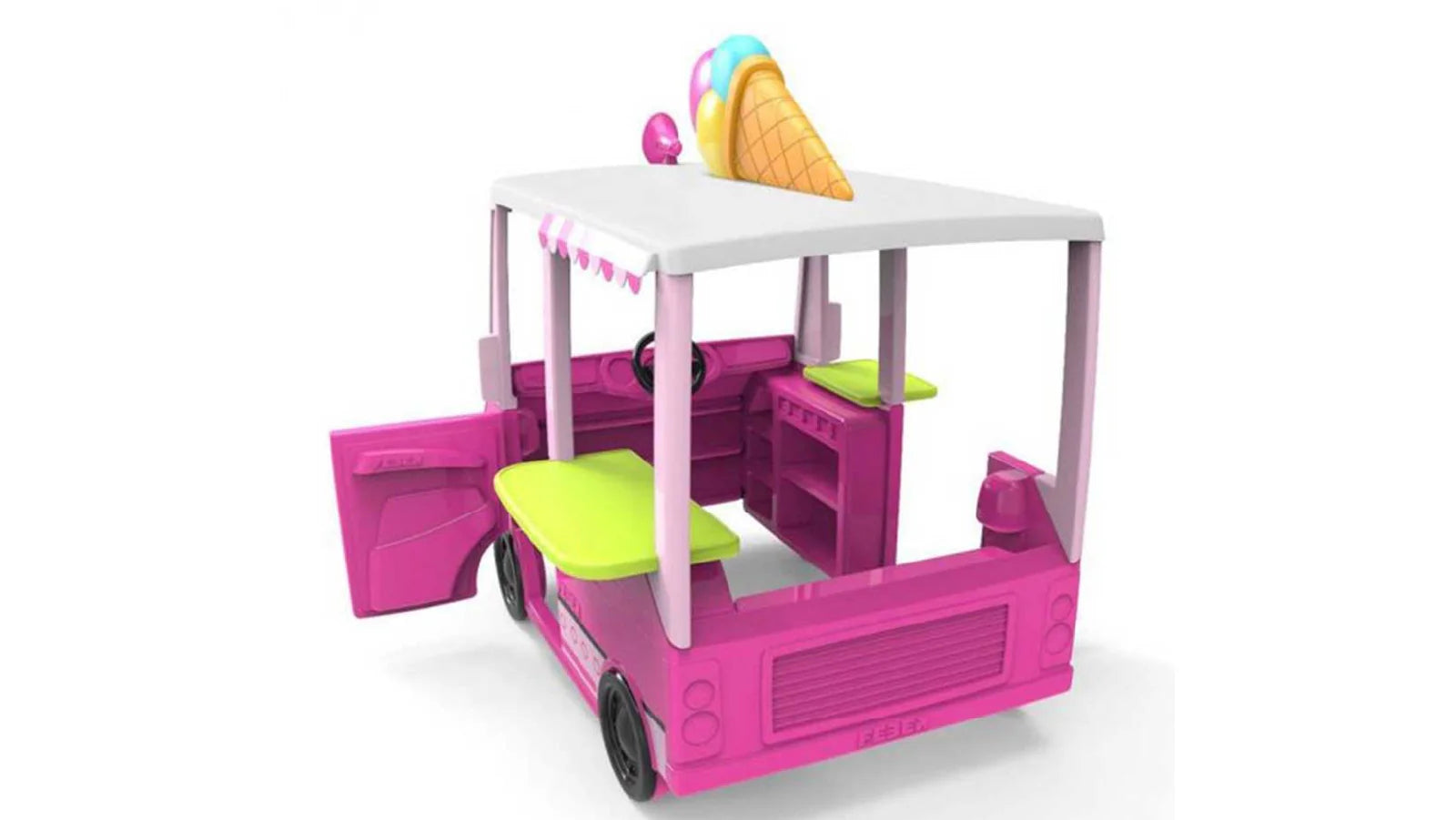 Pink toy food truck playhouse with open interior, green seat, and white serving table