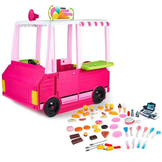 Pink food truck playhouse with open sides and colorful toy play food accessories