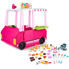 Pink food truck playhouse with open sides and colorful toy play food accessories