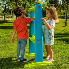 Blue Art And Fun Board with green base and tray, kids reach the front panel