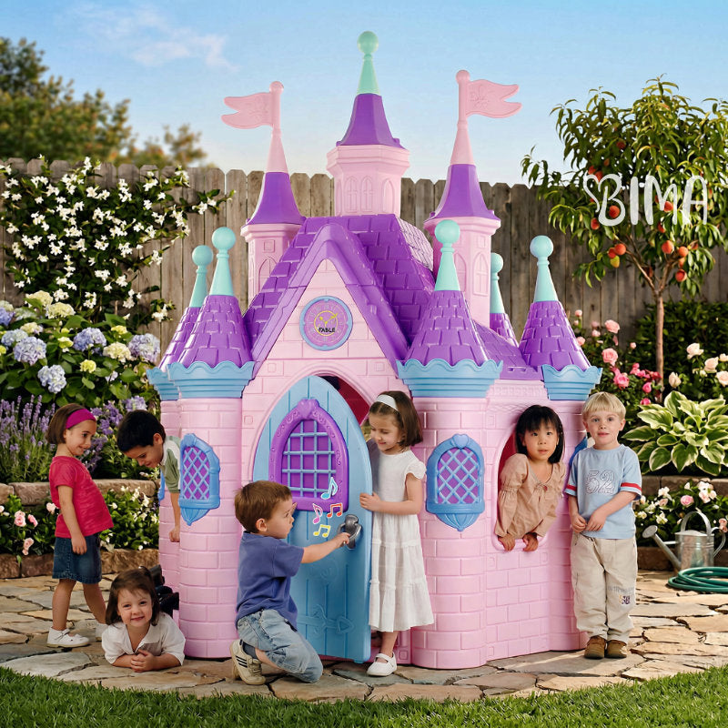 Pink and purple play palace castle with blue windows and green tower spires