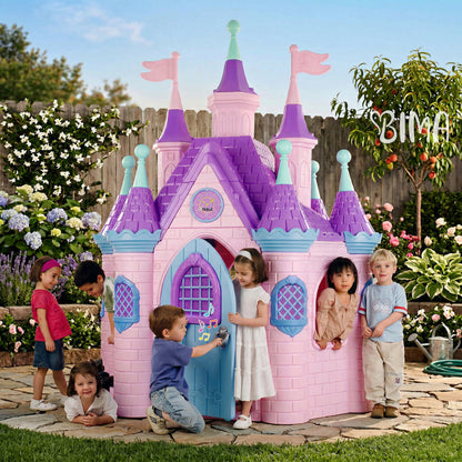 Pink and purple play palace castle with blue windows and green tower spires