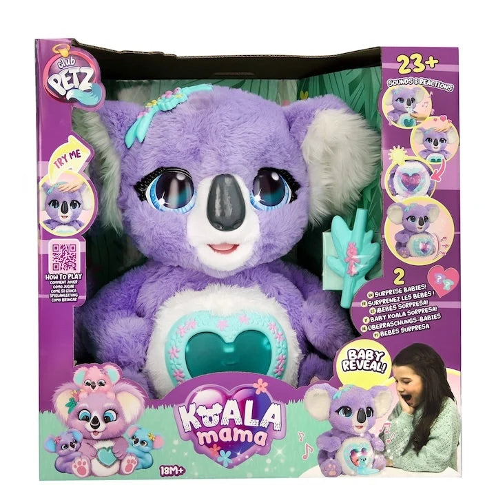 Purple Koala Mama plush toy in retail box, koala face and glowing heart belly