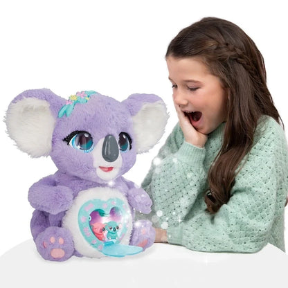 Purple koala plush with glowing teal heart belly interactive toy