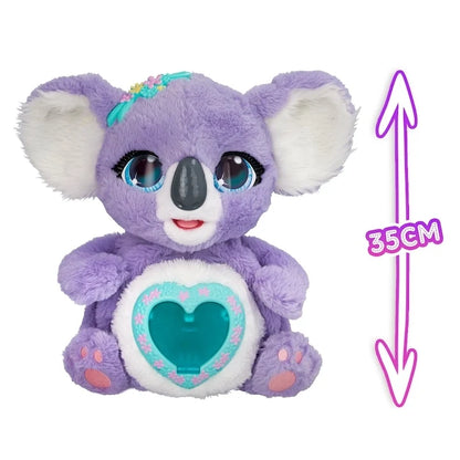 Purple koala plush with teal heart belly light and large white inner ears