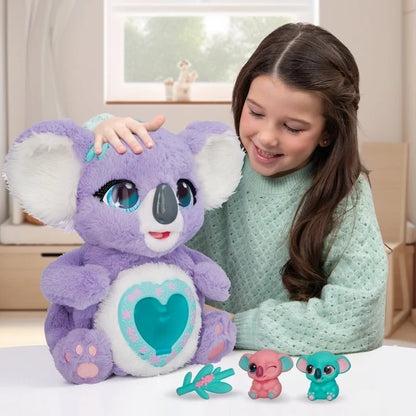Purple koala plush with teal heart belly, shown with small character figures
