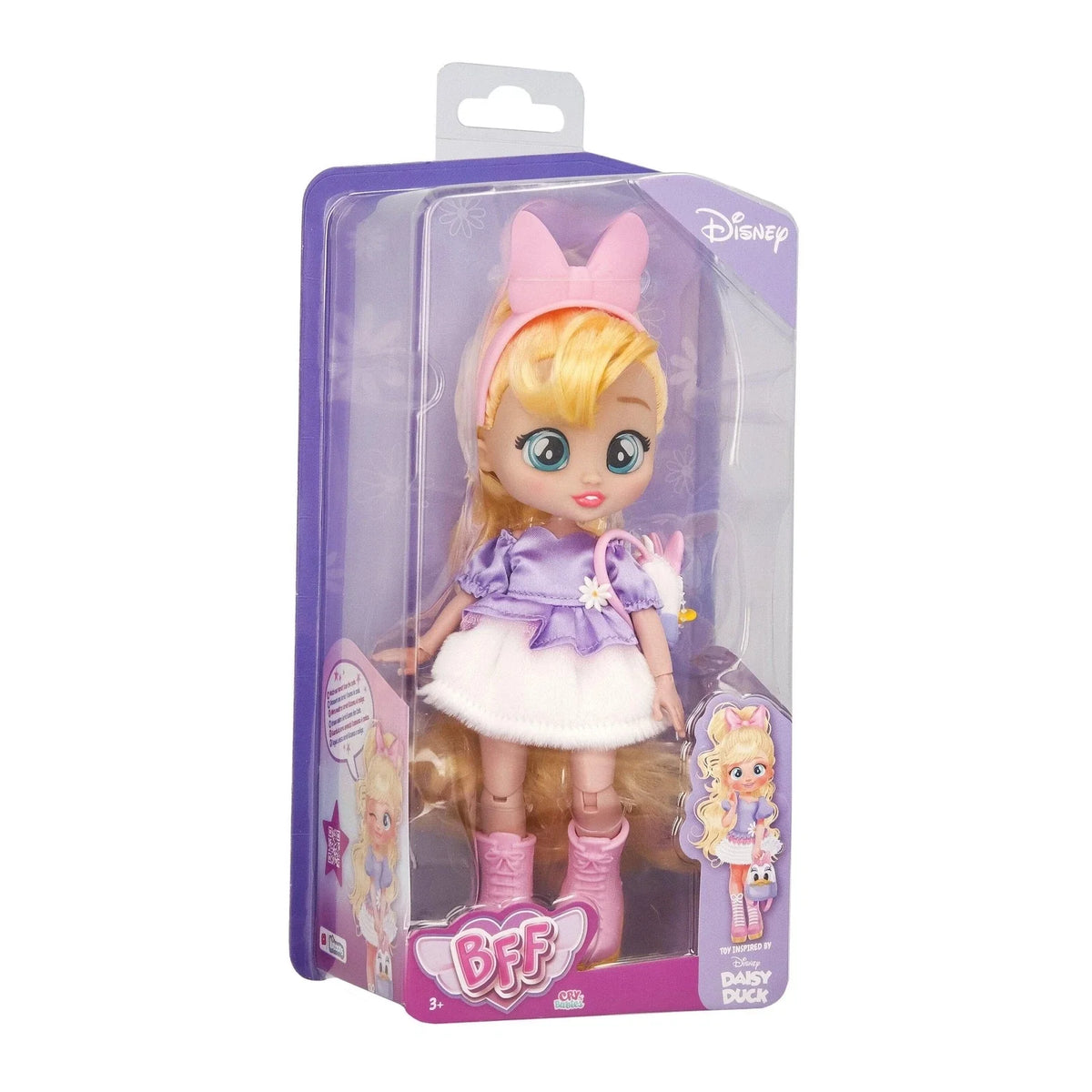 Blonde doll in lavender dress with white skirt and pink boots, shown in box