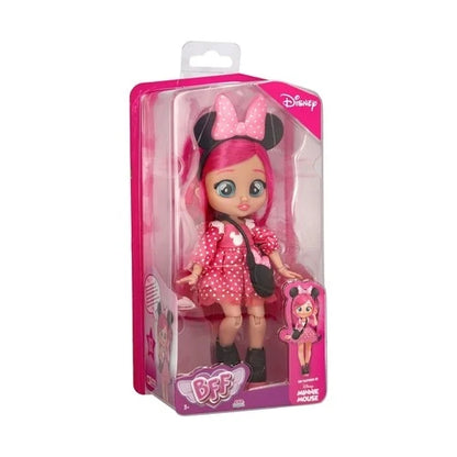 Red-pink polka-dot Minnie-style doll with bow headband and pink shoes, in box