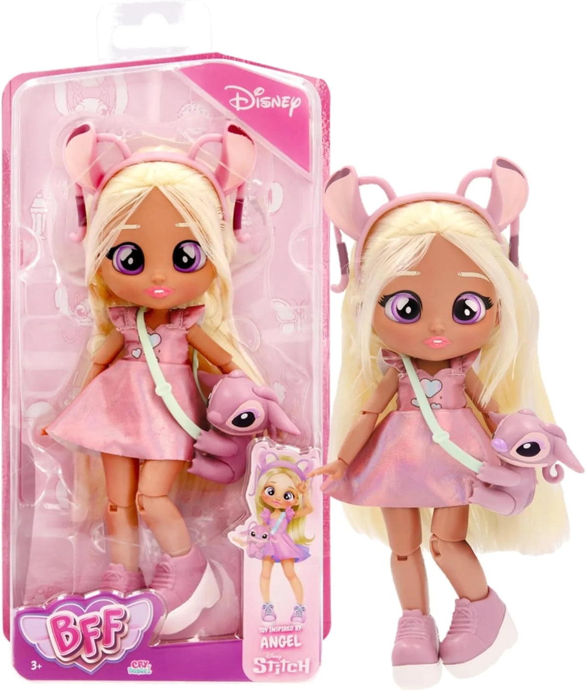 Pink-dressed blonde doll with ear headband, holding a small gray companion figure