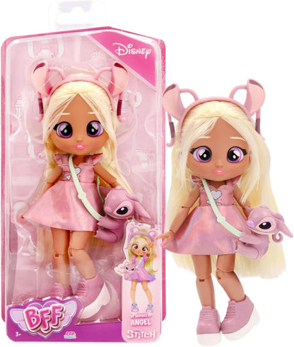 Pink-dressed blonde doll with ear headband, holding a small gray companion figure