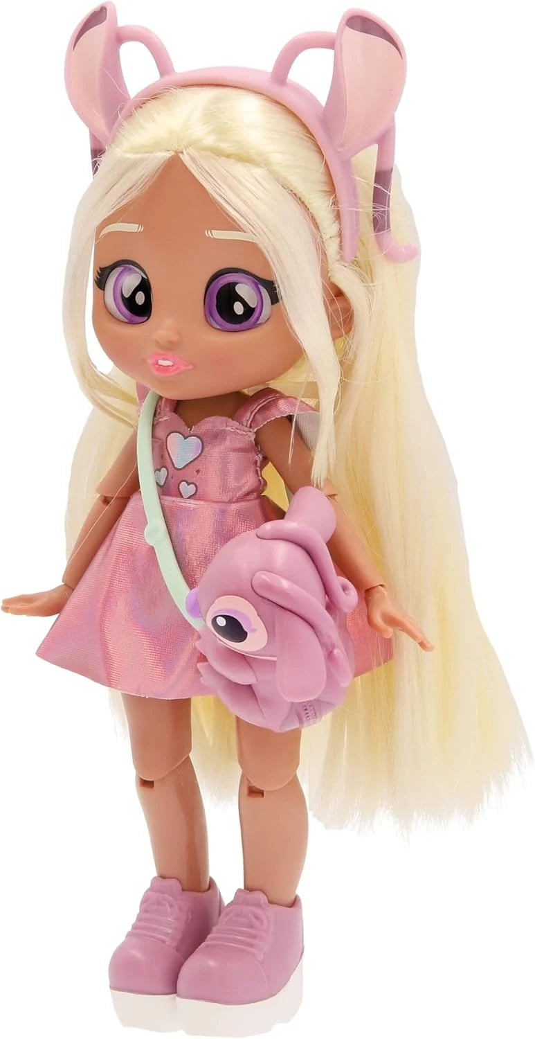 Close-up: blonde doll with pink ear headband, pink dress, and gray companion plush