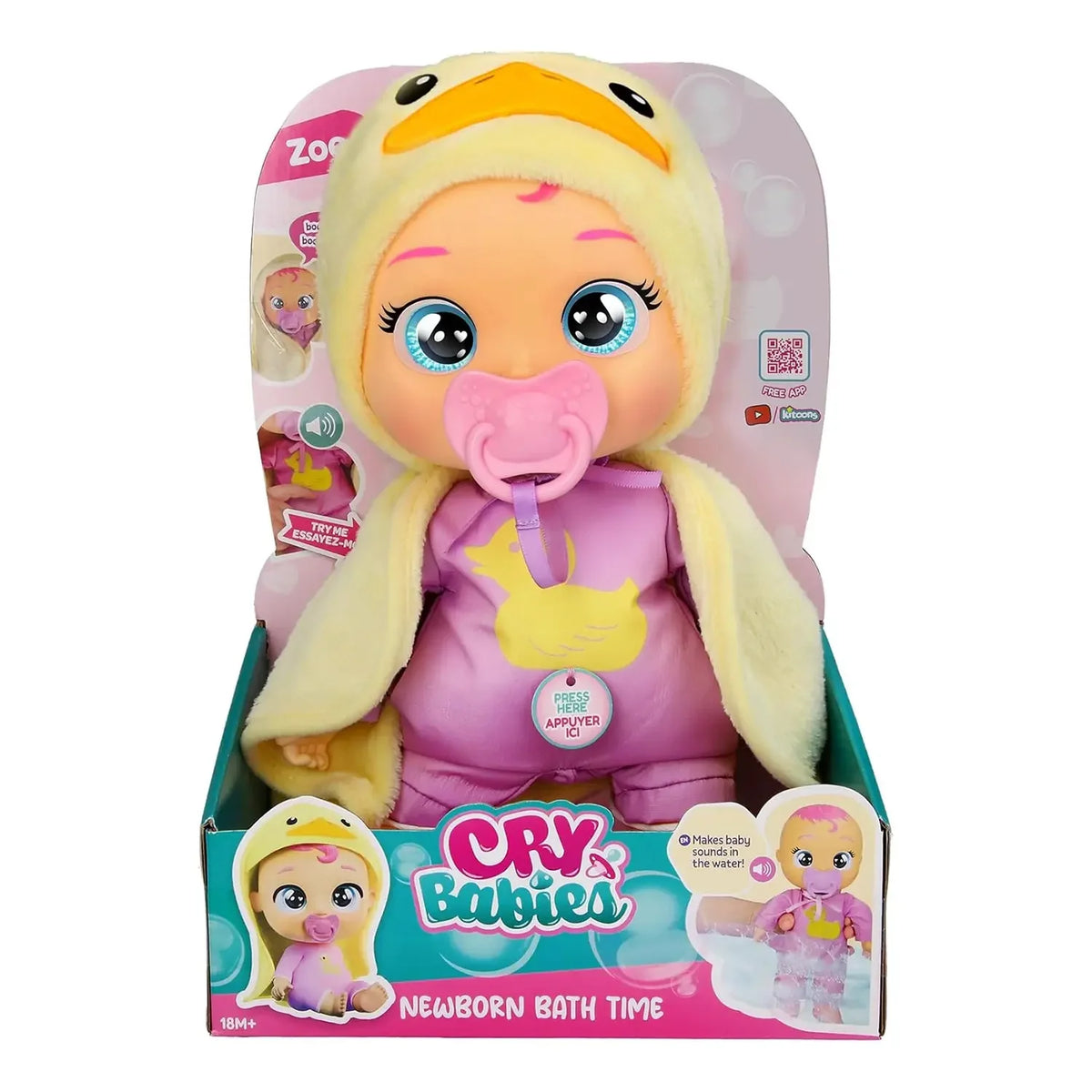 Cry Babies newborn bath time doll in purple outfit with yellow hood, shown in box