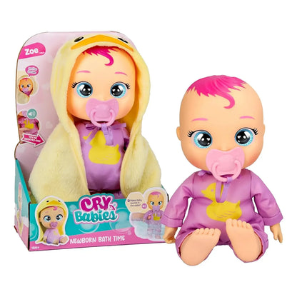 Newborn bath time cry baby doll in purple outfit with yellow hood, pink pacifier