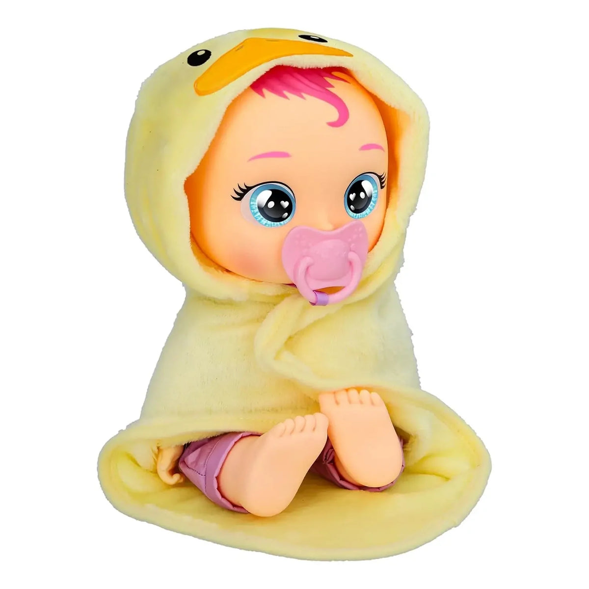 Newborn cry baby doll wearing yellow hooded blanket, pink pacifier, blue eyes