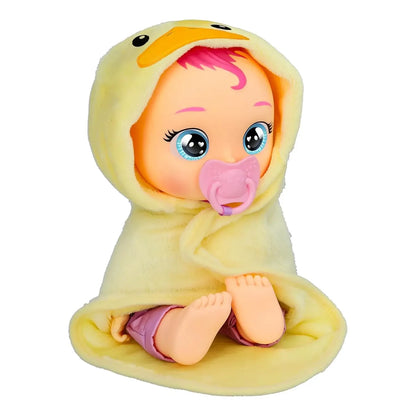 Newborn cry baby doll wearing yellow hooded blanket, pink pacifier, blue eyes