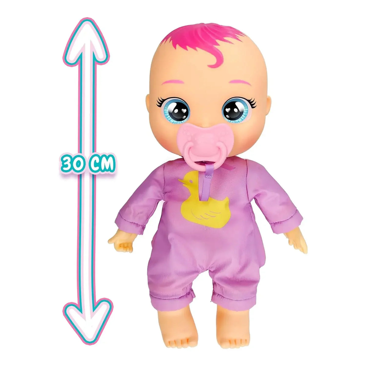 Newborn cry baby doll with pink hair, purple outfit, and pink pacifier, 30 cm