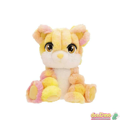 Peluche conejo esponjoso amarillo con patitas multicolor y ojos grandes