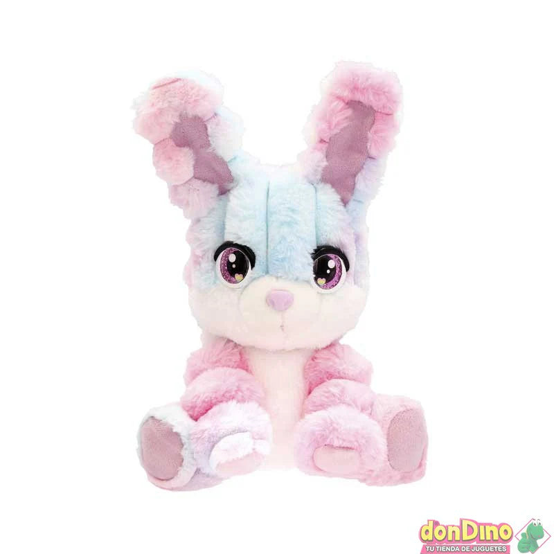 Peluche conejo esponjoso con orejas largas rosas y ojos brillantes
