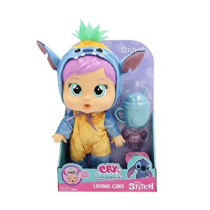 Cry Babies Loving Care boxed collectible doll, blue hooded outfit with Stitch-style cap