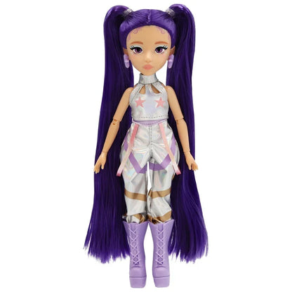 Pop fashion doll with long purple pigtail hair wearing white and silver star dress