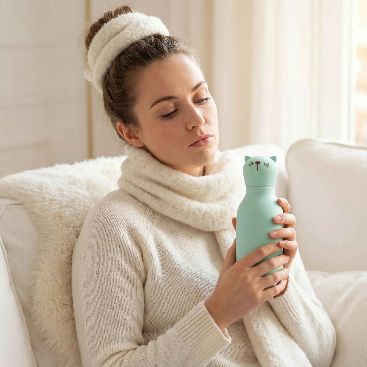 Mint green 473 ml water bottle with animal face lid, held upright