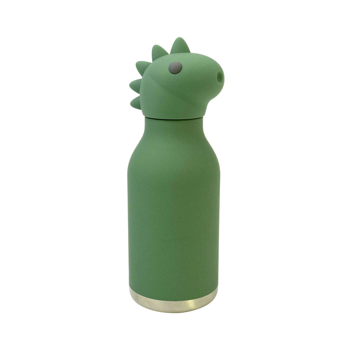 Kids dinosaur-shaped water bottle in dark green with small spines on the cap