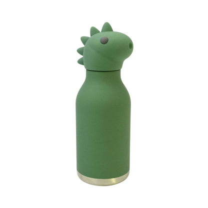 Kids dinosaur-shaped water bottle in dark green with small spines on the cap