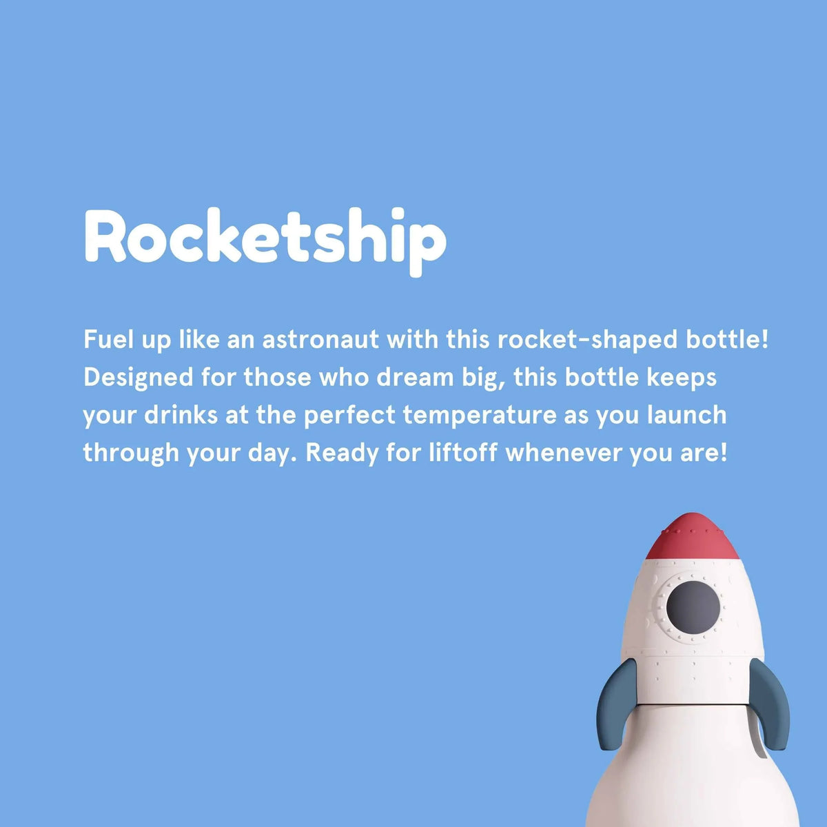 Rocket-shaped kids water bottle with white body, red top, and blue fins