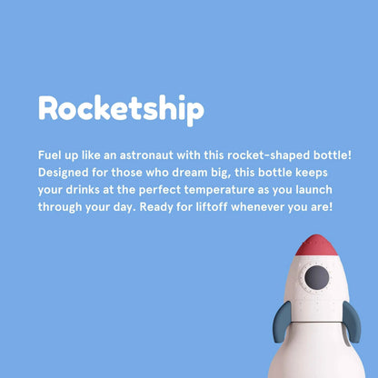 Rocket-shaped kids water bottle with white body, red top, and blue fins