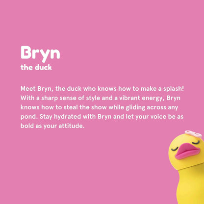 Duck character 473ml water bottle, yellow with pink beak, partial view