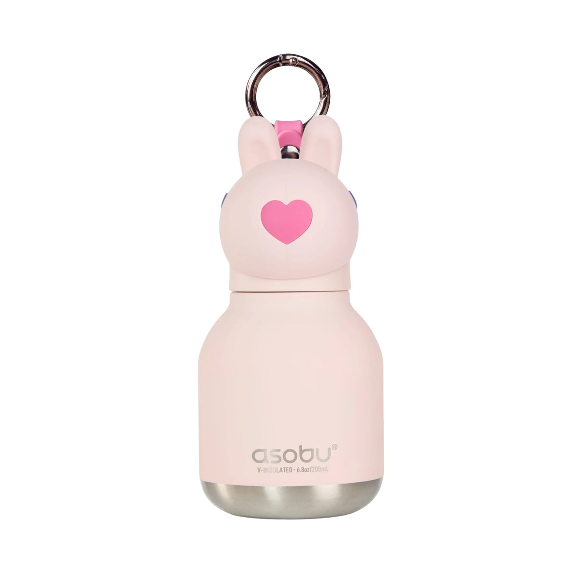 Mini animal water bottle keychain with bunny ears, blush pink with heart patch front.