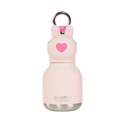Mini animal water bottle keychain with bunny ears, blush pink with heart patch front.