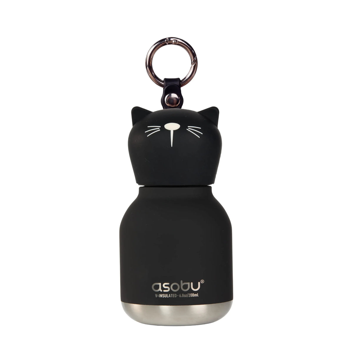 Black kitty mini water bottle with keyring, smooth body and stainless steel base