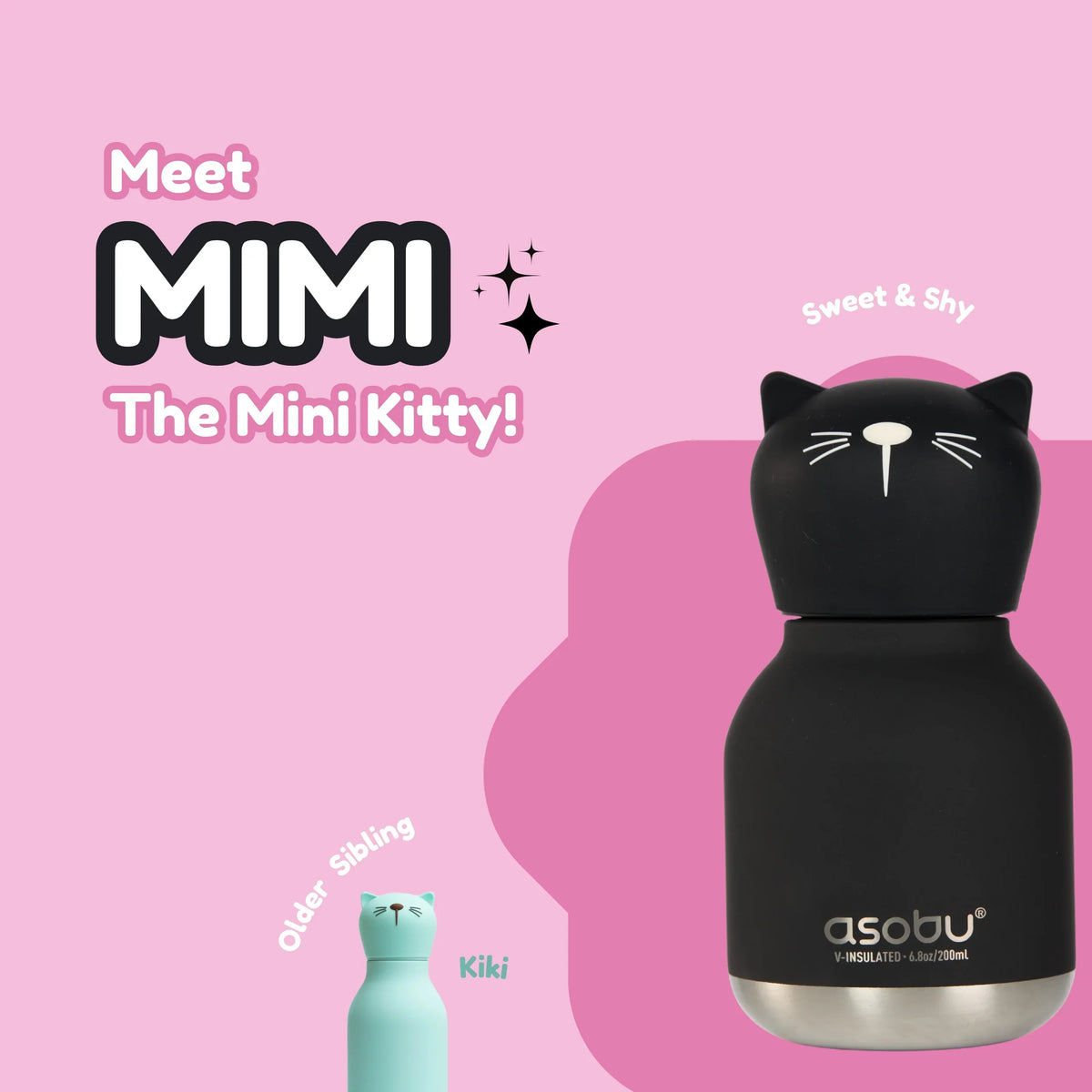 Black cat (kitty) mini water bottle with keyring, stainless steel bottom