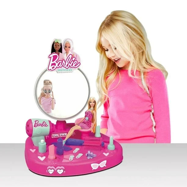 Pink vanity play set with round mirror and doll beauty grooming accessories