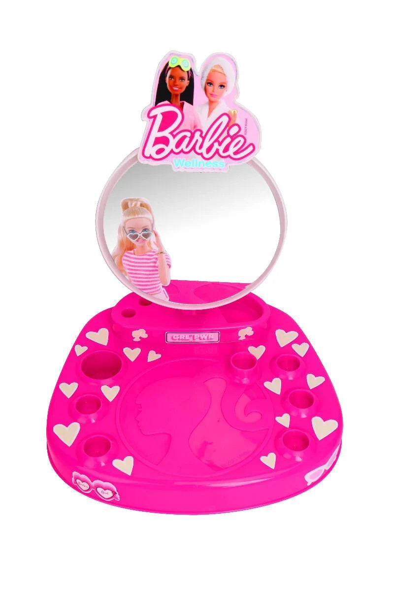 Pink vanity play set with round mirror and doll beauty accessories