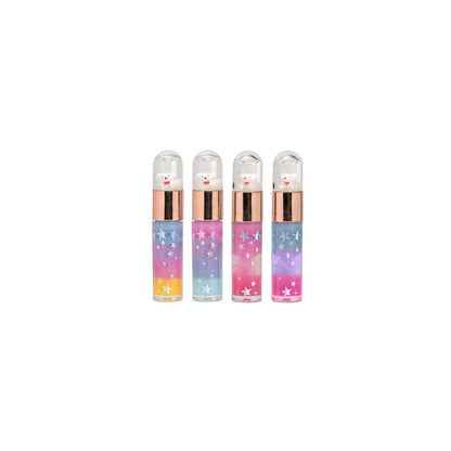 4 Snowball Bear Lip Gloss Varianten: orange, blau, pink und lila mit Glitzersternen