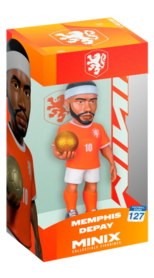 Memphis Depay Netherlands football figure in orange jersey in box, holding gold ball