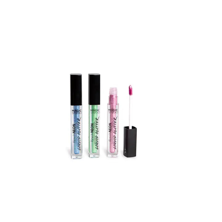 Neon liquid glitter eyeshadow tubes with wand applicator, pink and blue shades