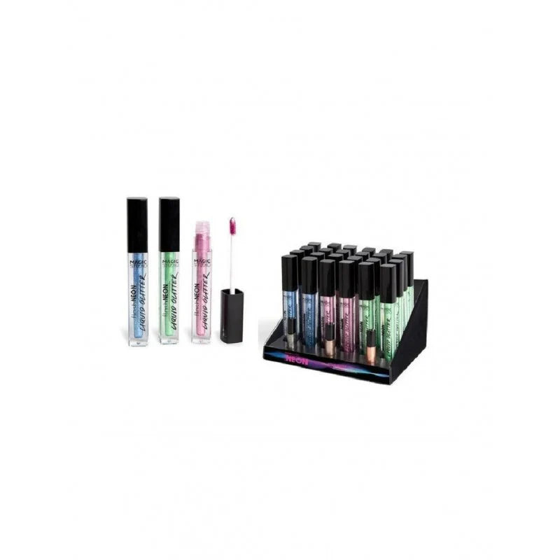 Neon liquid glitter eyeshadow set with multiple color tubes on display