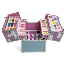 Little Unicorn makeup set case open with colorful palettes, lip glosses, and compartments