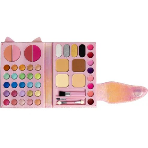 Open cat makeup palette with multiple color pans and stacked powder shades