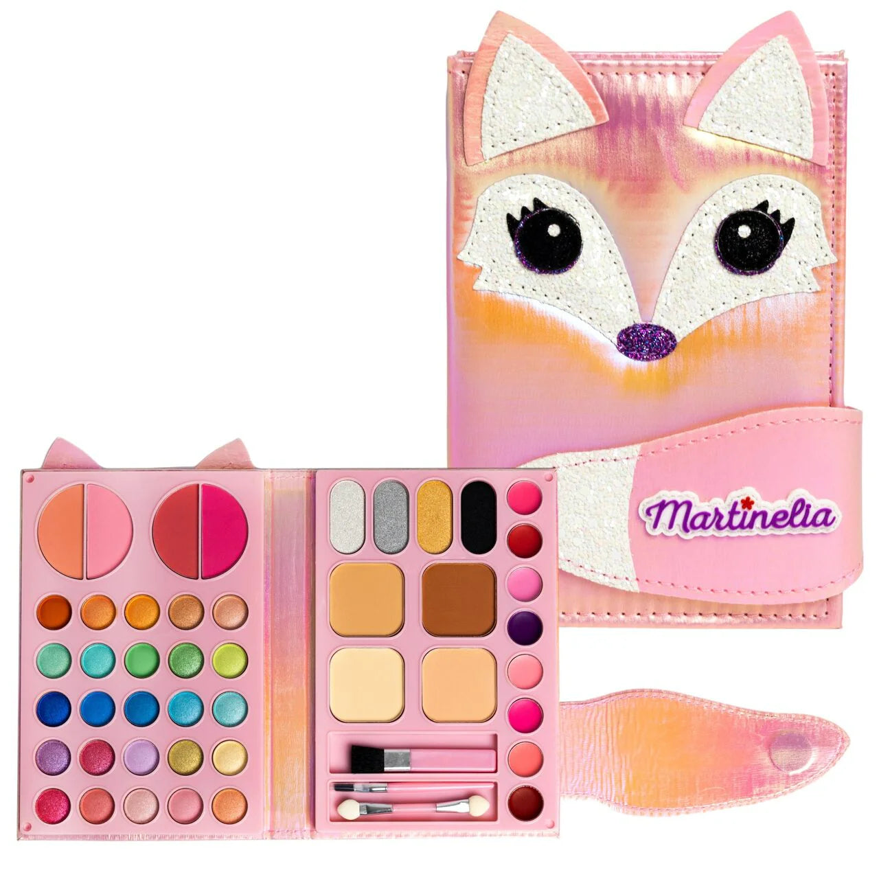 Makeup palette in cat case, open with color pans and mini brushes inside