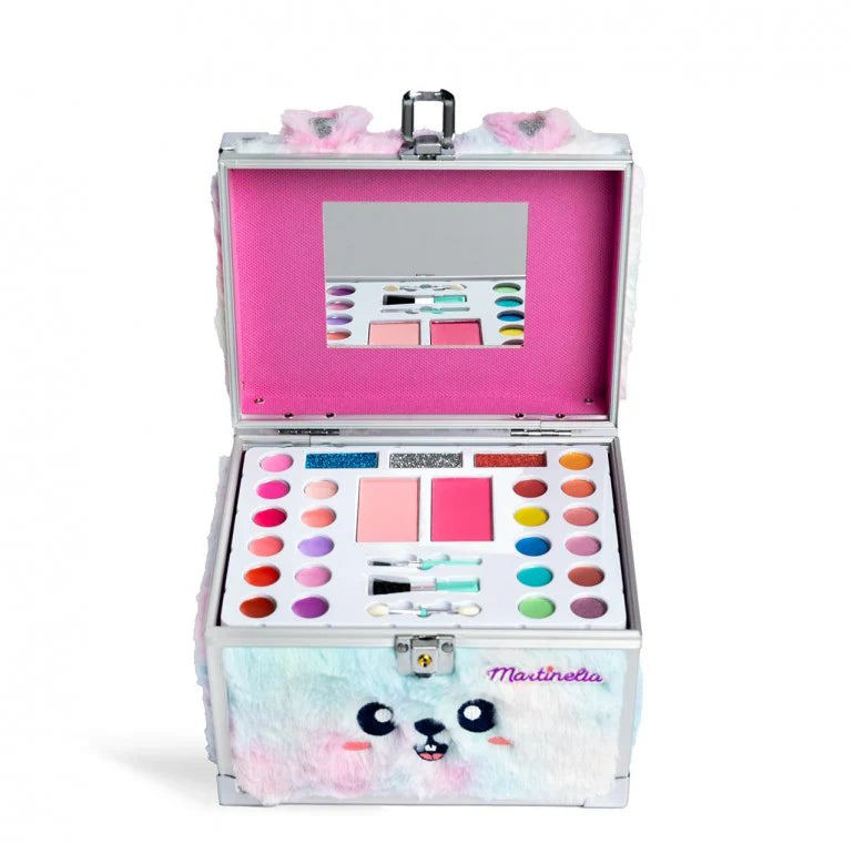 Circus makeup case open, pink interior with multi-color eyeshadow and blush