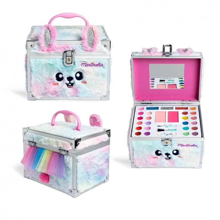 Circus makeup bag with fluffy panda face, pink handle and furry ear straps