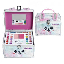 Circus makeup case with furry pink handles, open palette and brush compartments