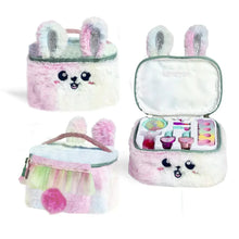 Furry circus makeup bag, plush bunny face, zip top, open compartments