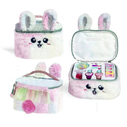 Furry circus makeup bag, plush bunny face, zip top, open compartments